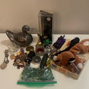 Vintage Assorted Decorative Lot Silver Duck, Glass Marbles Junk Drawer